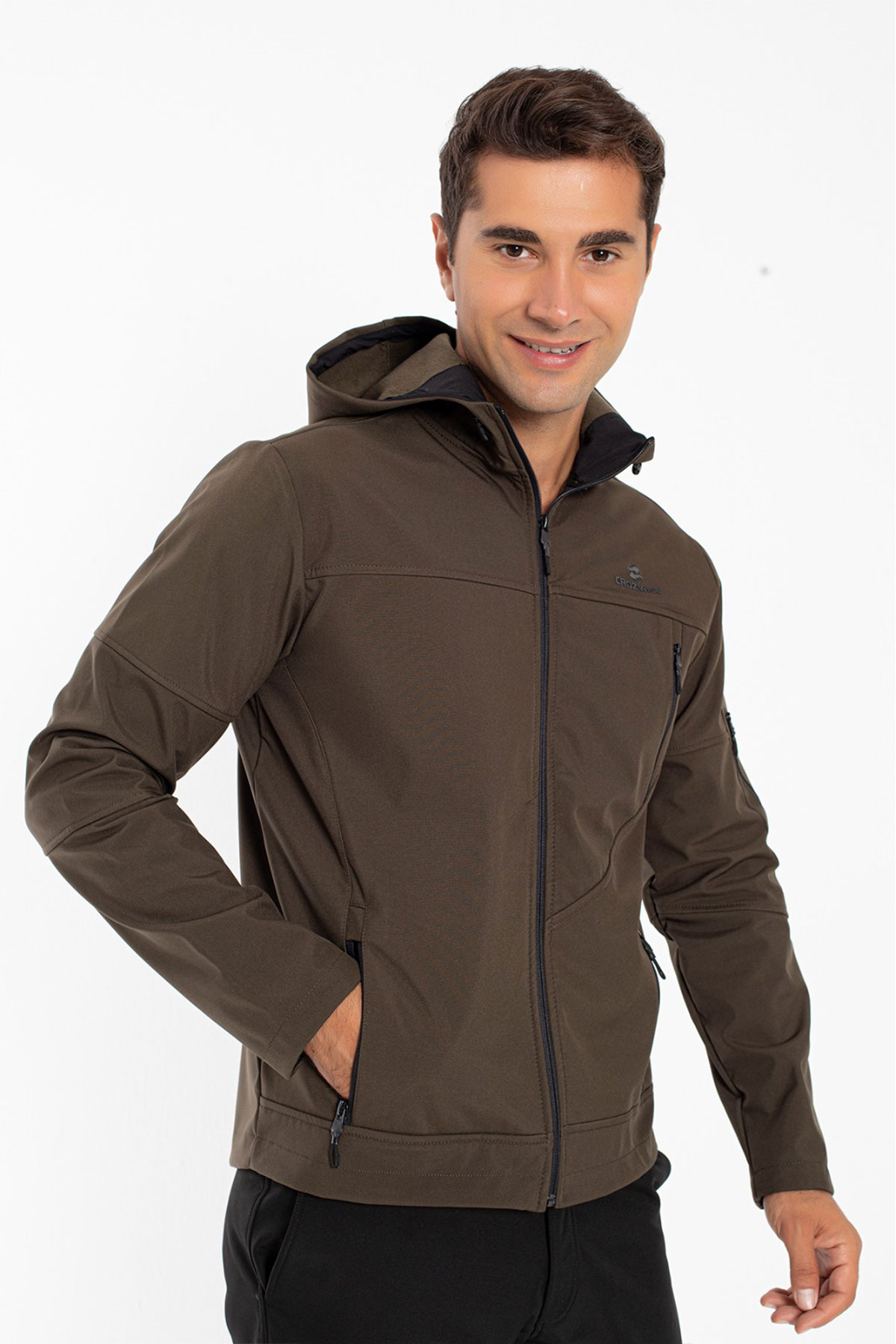 Grand Wolf Spor Kapüşonlu Haki Outdoor Softshell Mont 