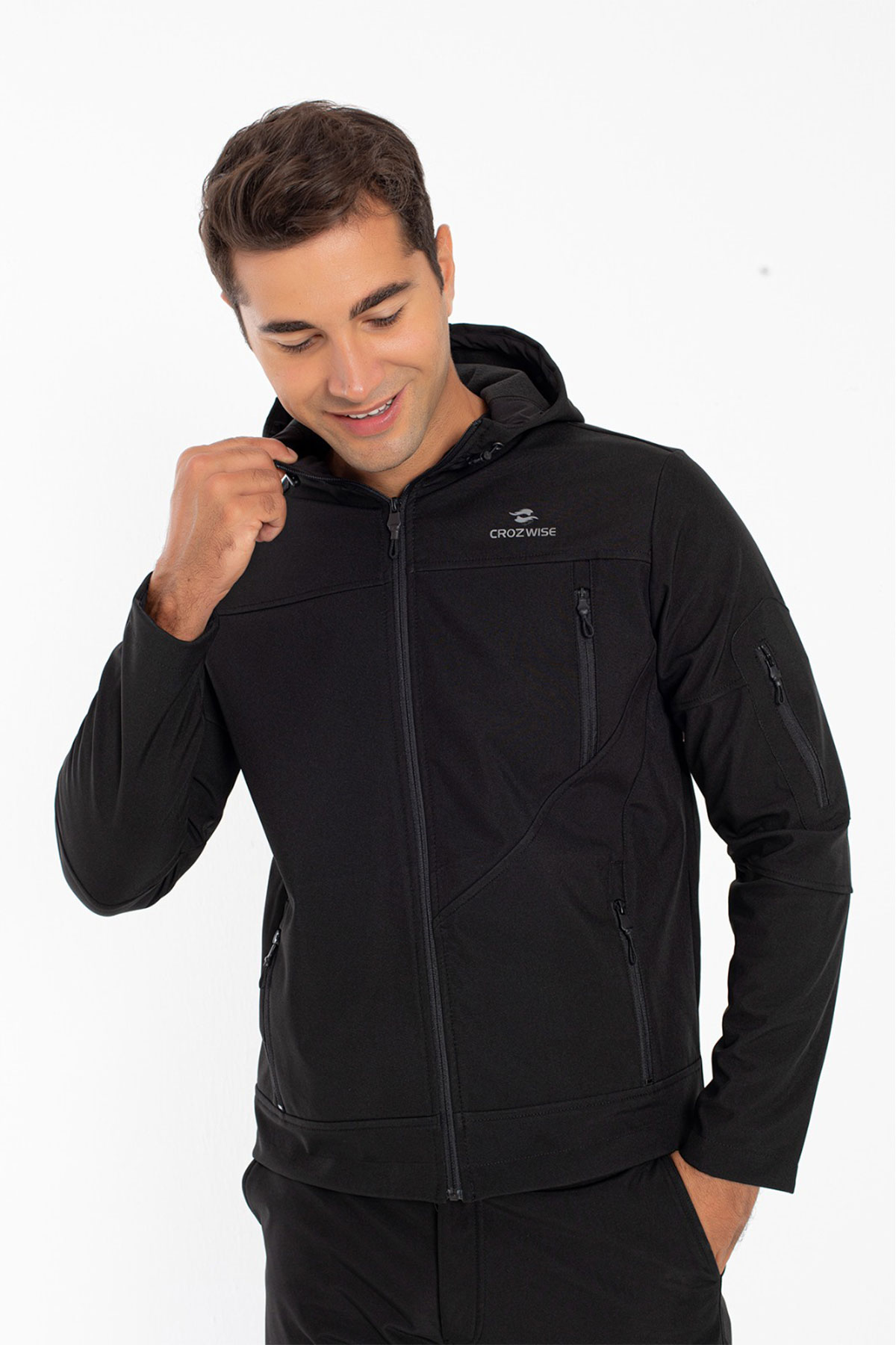 Grand Wolf Spor Kapüşonlu Siyah Outdoor Softshell Mont 