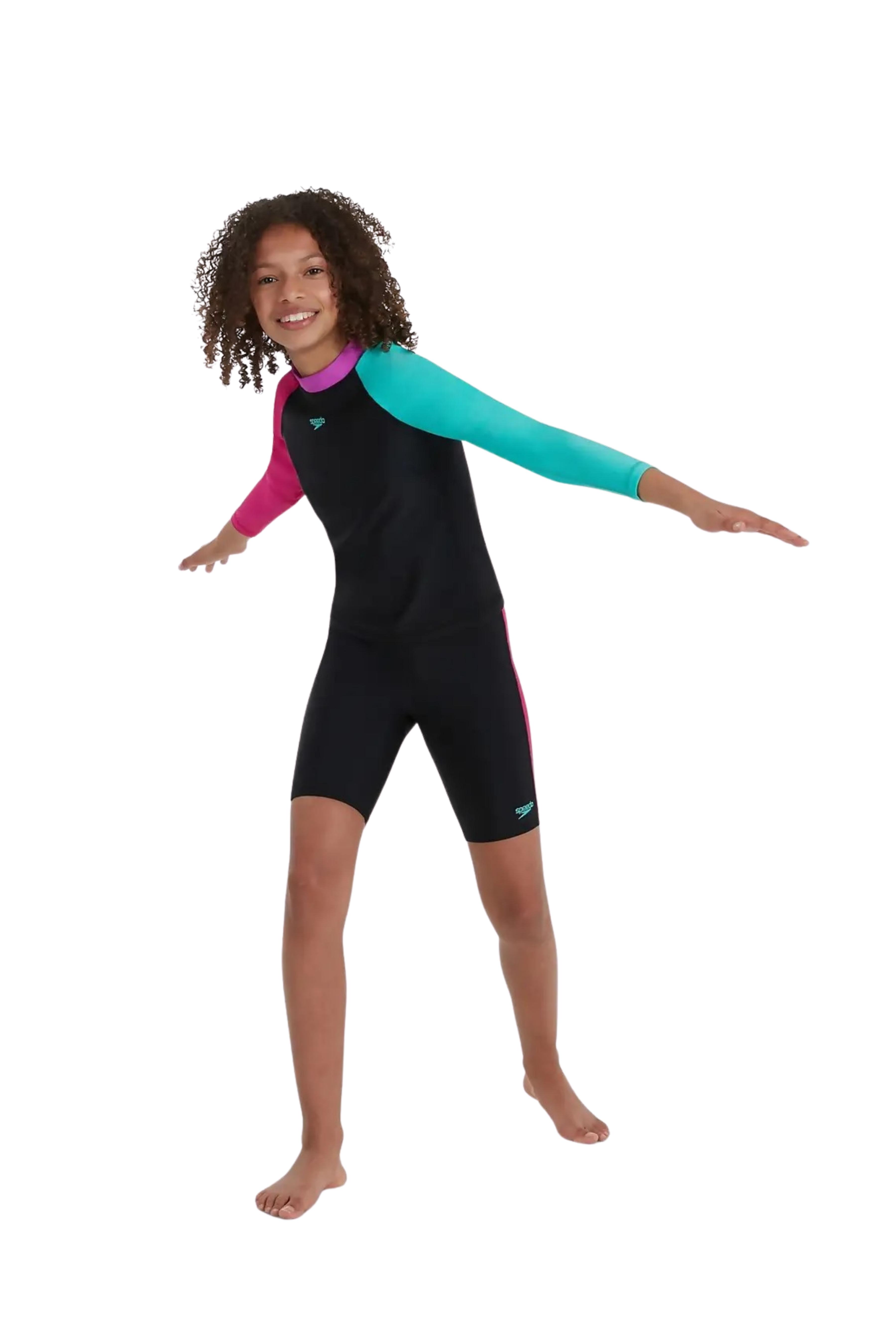 Speedo Long Sleeved  Siyah Pembe Kız Çocuk Yüzücü  Mayosu